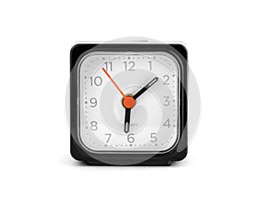 A black square clock with a red arrow facing the camera on a white background