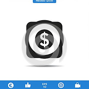 Black square icon with rounded edges featuring a white dollar sign ($) inside a circle.