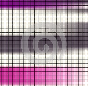 Black square paper grid on colorful striped pink brown background.