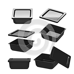 Black square plastic container for food production with clipping