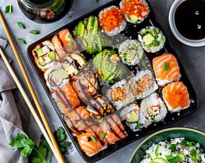 A black square plate with various sushi rolls