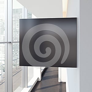 Black square signboard in bright office interior. 3d rendering