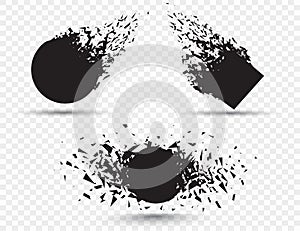 Black square stone with debris isolated. Abstract black explosion. Geometric illustration. Vector square and circle