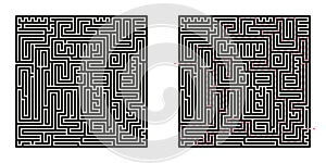 Black square vector maze isolated on white background. Hard labyrinth with one right way. Difficult puzzle with solution