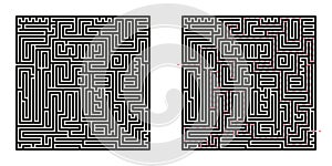 Black square vector maze isolated on white background. Hard labyrinth with one right way. Difficult puzzle with solution photo