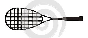 Black squash racket on a white background