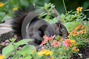 black squirrel digging up buried walnut in flowerbed