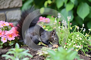 black squirrel digging up buried walnut in flowerbed