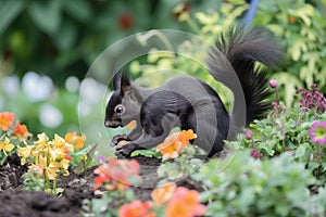 black squirrel digging up buried walnut in flowerbed