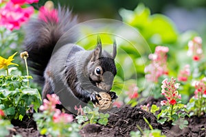 black squirrel digging up buried walnut in flowerbed