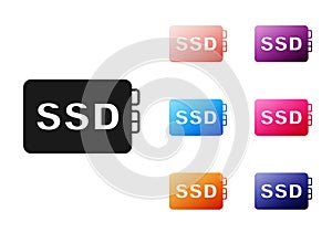 Black SSD card icon isolated on white background. Solid state drive sign. Storage disk symbol. Set icons colorful