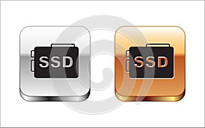 Black SSD card icon isolated on white background. Solid state drive sign. Storage disk symbol. Silver and gold square