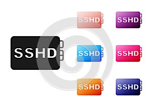 Black SSHD card icon isolated on white background. Solid state drive sign. Storage disk symbol. Set icons colorful