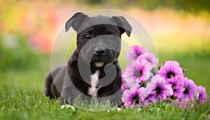 Black staffordshire terrier puppy posing with petunia flowers on grass. photo