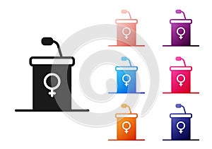 Black Stage stand or debate podium rostrum icon isolated on white background. Conference speech tribune. Set icons