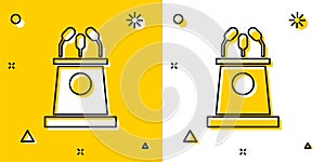 Black Stage stand or debate podium rostrum icon isolated on yellow and white background. Conference speech tribune