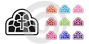 Black Stained glass ancient cathedral, temple, church icon isolated on white background. Set icons colorful. Vector