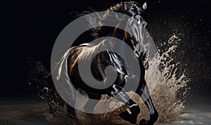 Black stallion galloping in dust on black background