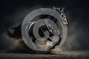 Black Stallion Galloping on Dusty Terrain
