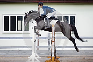 Black stallion horse and handsome man rider jumping obstacle during showjumping competition