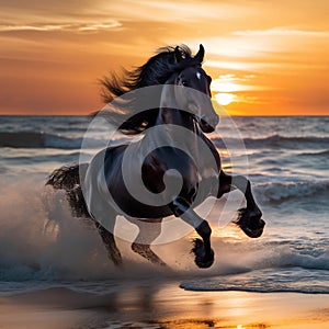 Black stallion horse in sunset running free. Generative AI