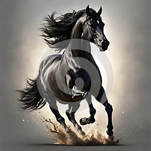 Black stallion with long mane running in dust on grey background