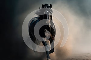 Black stallion run on desert dust against dramatic background.AI generated