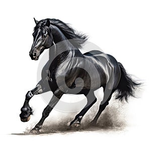 Black stallion running in dust isolated on white background.