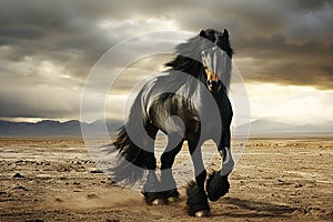 Black stallion runs through the dust in nature