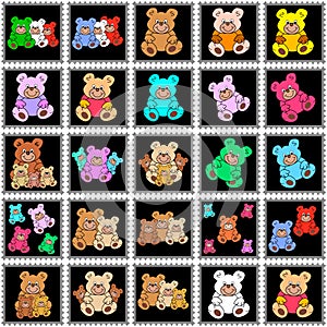 Black stamps with colored teddies