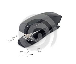 Black stapler isolated on a white background photo