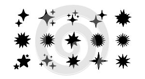 Black star shapes collection vector illustration with various sharp and rounded points