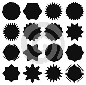 Black star stickers. Star shape price tag, advertising starburst label, sale badges. Blank promo sunburst sticker vector