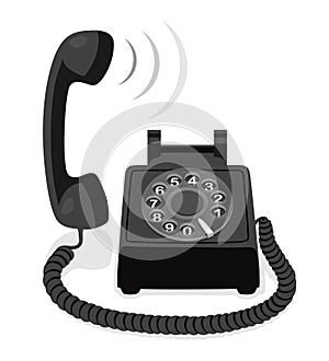 Black stationary phone with rotary dial and raised handset