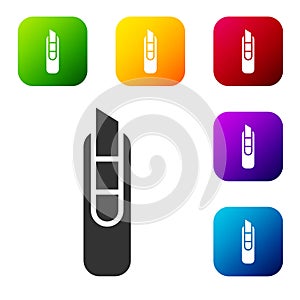 Black Stationery knife icon isolated on white background. Office paper cutter. Set icons in color square buttons. Vector