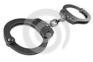 Black steel police handcuffs oln white background 3d