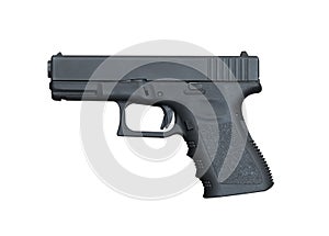 Black steel polymer semi-automatic 9mm Pistol isolated on white background