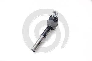 Black steering rod tip with blue clamp, rubber anther, and self-tapping nut on a white background. Expendable part of the steering