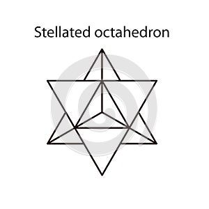 Black Stellated Octahedron, also called Stella octangula, and Polyhedra Hexagon, geometric polyhedral compounds on a