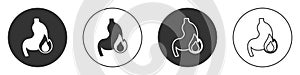 Black Stomach heartburn icon isolated on white background. Stomach burn. Gastritis and acid reflux, indigestion and