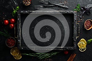 Black Stone Food Background. Cooking Ingredients. Top view.