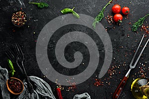 Black Stone Food Background. Cooking Ingredients. Top view.