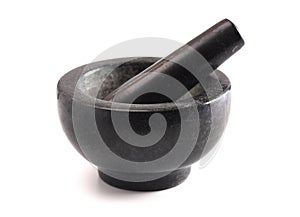 Black Stone Mortar and Pestle Isolated on a White Background