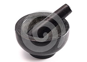 Black Stone Mortar and Pestle Isolated on a White Background