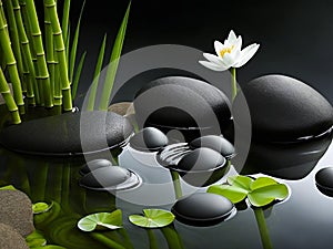 Black stones, bamboo and white waterlily in water