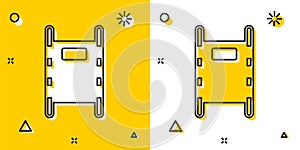 Black Stretcher icon isolated on yellow and white background. Patient hospital medical stretcher. Random dynamic shapes