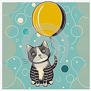 Black Striped Cat with a Yellow Balloon