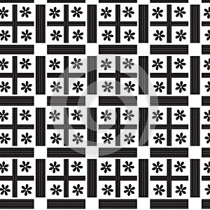 black striped weave and white dashed line inside with white square and black flower pattern background