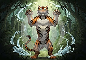 And black stripes, a white underbelly, and has its front paws