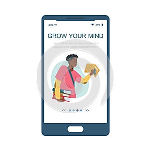 Black student reader flat vector banner for mobile phone app. African American holding pile of books in hands.